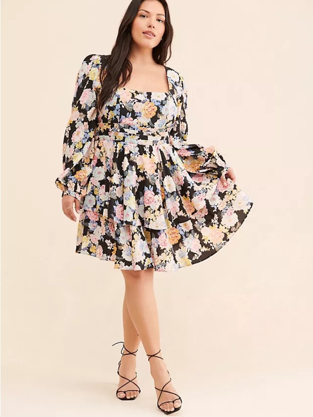 NWT new XS Yumi Kim free people Clarissa square neck tiered dress black floral